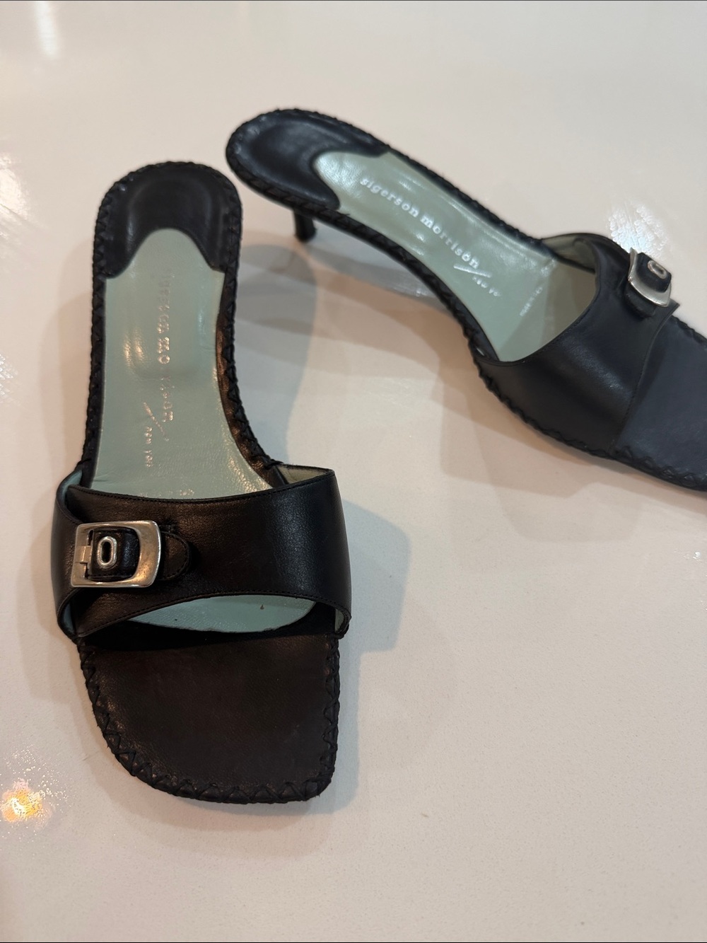 Sigerson Morrison Black Leather Slide Mules with Buckle